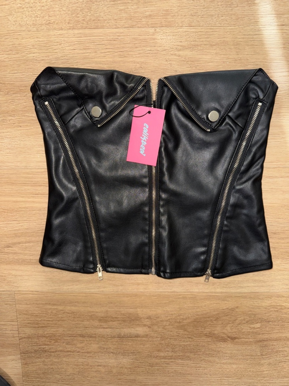 Edikted Black Faux Leather Strapless Moto Bustier Top